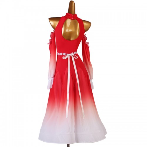 Red with white gradient color ballroom dance dress for women girls with lace sashes long hollow shoulder sleeves tango waltz smooth foxtrot dance dress 